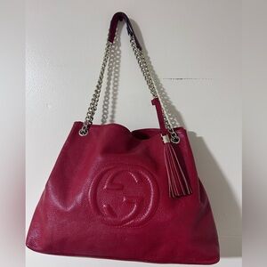 Gucci Pebbled Leather Shoulder Bag in Berry Red with Tassel